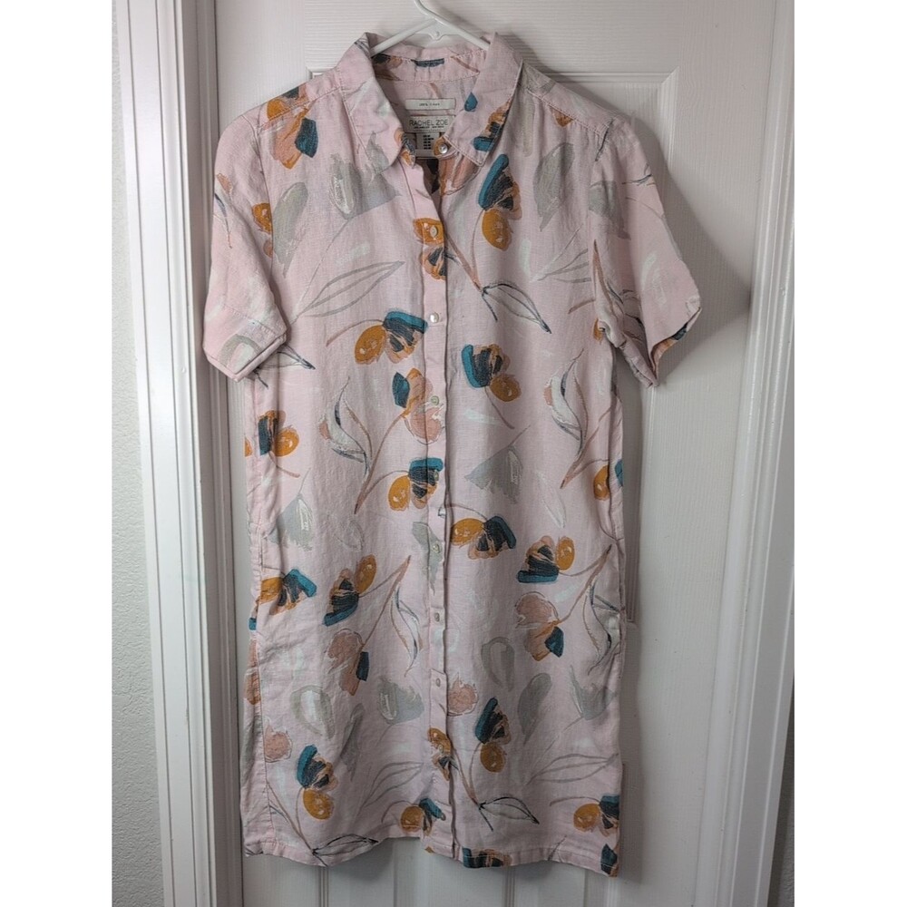 Rachel Zoe 100% Linen Pink Floral Button-Front Shirt Dress Size M